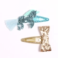 Detail of glitter unicorn hair clip with tassels and golden bow hairclip set for girls - Blue Unicorn
