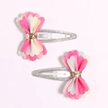 Detail of pink and white glitter hair clips with shimmering petal bow design for girls - Flower
