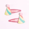 Detailed close-up of pink sequin cat ear hair clips with rainbow party hat and pom-pom - Birthday Hat