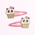 Macro detail of glitter BB hair clips with 3D panda cupcake resin charms for kids - Panda