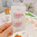 Close-up of pink watermelon embroidery hair clips with soft fabric on card - Watermelon (Duckbill Clip)