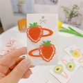 Detail view of cute strawberry embroidered hair clips with safe orange metal base for kids - Strawberry (Snap Clip)