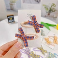 Set of two pink fabric bow hair clips with orange and blue plaid pattern for girls - Brick Red And Navy Blue Plaid