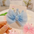 Sweet light blue mesh bow hair clip with sparkling crown and iridescent pearl bead - Sky Blue