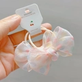 Detailed view of pink polka dot organza bow hair tie with transparent lace texture - Pink Hair Rings (Pair)