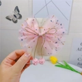 Pink mesh hair bow clip for girls with colorful sequins and hanging pom-pom charms - Light Pink