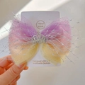 Gradient mesh hair bow clip for girls featuring a sparkling rhinestone crown ornament - Hair Clip / Gradient Pink Yellow