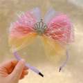 Close-up of glittery mesh bow headband with a sparkling silver crown for girls - Headband / Gradient Rose Red Olive Yellow