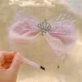 Close-up of pink mesh bow headband with silver crown and glitter for girls - Headband / Gradient Pink Yellow