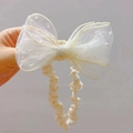 Fascia elastica color crema per neonati con fiocco in rete e perle sintetiche - Beige