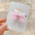 Pince à cheveux nœud en tulle rose avec strass cœur et étoiles argentées - Pince Bec de Canard Rose