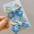 Rainbow striped bow hair clips with pearl stars on handmade card, two-piece set for kids - Sky Blue Hair Clip