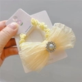 Pale yellow organza bow hair tie with pearl flower ornament on white card - Hair Tie / Beige Apricot
