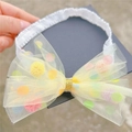 Weißes elastisches Spitzenstirnband mit gelber Tüllschleife und bunten Pompons für Babys - Gelbes Haartuch