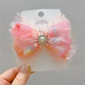 Fiocco per capelli in tulle rosa con perle e dettagli in rete dorata per bambine - Rosa