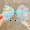 Blauer Tüll-Haarreif für Mädchen mit bunten Pompons und glitzernder Schleife - Grünes Stirnband