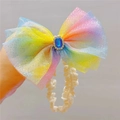 Bandeau bébé avec nœud arc-en-ciel en tulle, pierre bleue et dentelle extensible - Dégradé Arc-en-ciel (Style 1)
