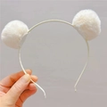 Serre-tête oreilles d'ours mignon pour filles avec pompons blancs moelleux sur cadre doux - Beige