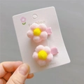 Dettaglio di fermagli per capelli a fiore con pompon rosa per bambine in peluche - Clip Becco d'Anatra Rosa Coreano