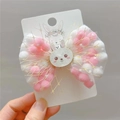 Cute white mesh bow hair clip with pink fuzzy balls and a glittery bunny for girls - Cute Rabbit Clip (Pink & White Pompom Rabbit)