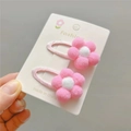 Detailed close-up of handmade pink plush flower hair clips with white centers for girls - Rose Pink + White BB Clip