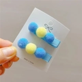 Cute kids macaron pom pom hair clips set with colorful plush balls on light blue ribbon - Deep Blue and Pale Yellow Pair