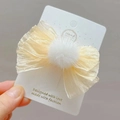 Detail of Korean style hair clip with beige organza bow and white fur pom pom - Beige