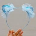 Close-up of light blue sequined cat ear headband with ruffle tulle detail for girls - Blue Ears
