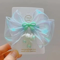 Pinza para el pelo con lazo de sirena hecho a mano con perlas y pétalos para niñas - Malla Azul Y Pinza Para El Pelo De Cuentas Verde Claro