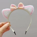 Pink plush cat ear headband for girls with sequined bow and white faux fur detail - White Cat Ears Headband