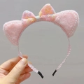 Pink plush cat ear headband with colorful sequins bow and pearls for girls - Pink Cat Ears Headband