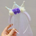 Close-up of a sequin crown headband with purple mesh veil and delicate roses - Purple And Beige Flowers