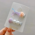 Encantador set de 2 horquillas para niñas con sirena, concha y flores con perlas - Morado