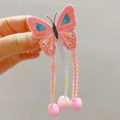 Pince à cheveux papillon pailletée avec pompons et glands en paillettes roses pour filles - Papillon Rose