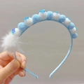 Diadema de princesa azul con pompones de piel sintética y flores para niñas - Azul Claro & Blanco