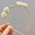Cute golden headband for girls with white plush hearts and silver glitter crown detail - White and Yellow
