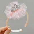 Serre-tête rose en dentelle pour enfants avec couronne argentée et perles blanches - Rose Coréen