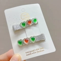 Detail view of handmade sparkling silver hair clips with green and red resin hearts - Deep Multicolored 1# (Pair)