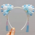 Cerchietto per bambini stile cinese con orecchie di gatto, pompon e nappine pendenti - Blu
