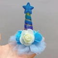 Unicorn hair clip with blue glitter star and faux roses on light blue mesh ruffle - Multicolor Blue Horn