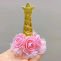Handheld colorful unicorn mesh hair clip with golden horn and pink flower petals - Golden Horn