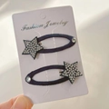 Detail of blue fabric-wrapped BB clips with sparkling rhinestone star and crystal accents - Rhinestone Star Snap Clips (Pair)