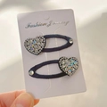 Handmade navy fabric BB hair clips with sparkling rhinestone heart and waterdrop gems - AB Rhinestone Heart Snap Clips (Pair)