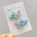 Detail of two-piece butterfly hair clips with colorful faux pearls and sparkling crystals - Blue Colorful Butterfly