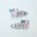 Barrettes chat pailletées argentées et étoile rose avec grelot pour petites filles - Broderie Chat Et Étoile / Paire De Chats Argentés