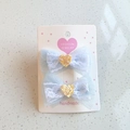 Sweet light blue lace bow hair clips with glittery heart center for girls - Light Blue