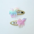 Detail of unicorn hair clips with glitter wings and colorful gradient sequins on gold BB clips - Light Multicolor Unicorn Pair