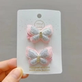 Pink glitter butterfly hair clips with sparkling rhinestones for girls, set of two - Duckbill Hair Clips / Silver White Pink