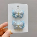 Blue glitter butterfly hair clips for girls with handmade fabric wrapping on display card - Duckbill Hair Clips / Silver White And Blue