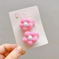 Set di due fermagli per capelli a forma di fiore di peluche rosa per bambine su carta - Clip a Becco d'Anatra Rosa Fucsia + Bianco